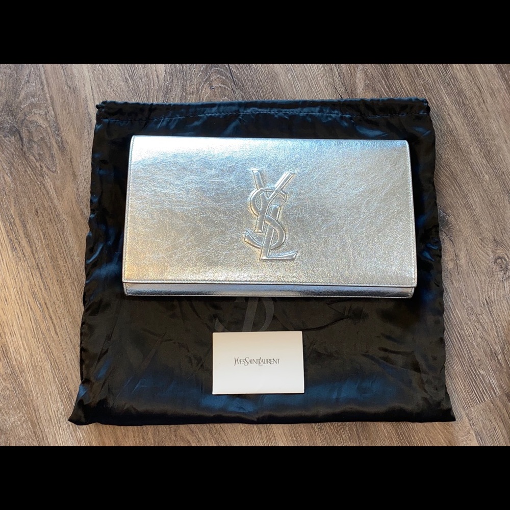 YSL Saint Laurent Large Silver Leather Clutch